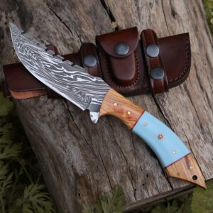 SHOKUNIN USA SavageTr Damascus Knives Custom Handmade Hunting Knife- Best Damascus Steel Blade Skinning Knife- Fixed Blade Hunting Knife With Sheath Belt Loop