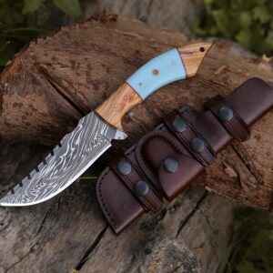 SHOKUNIN USA SavageTr Damascus Knives Custom Handmade Hunting Knife- Best Damascus Steel Blade Skinning Knife- Fixed Blade Hunting Knife With Sheath Belt Loop