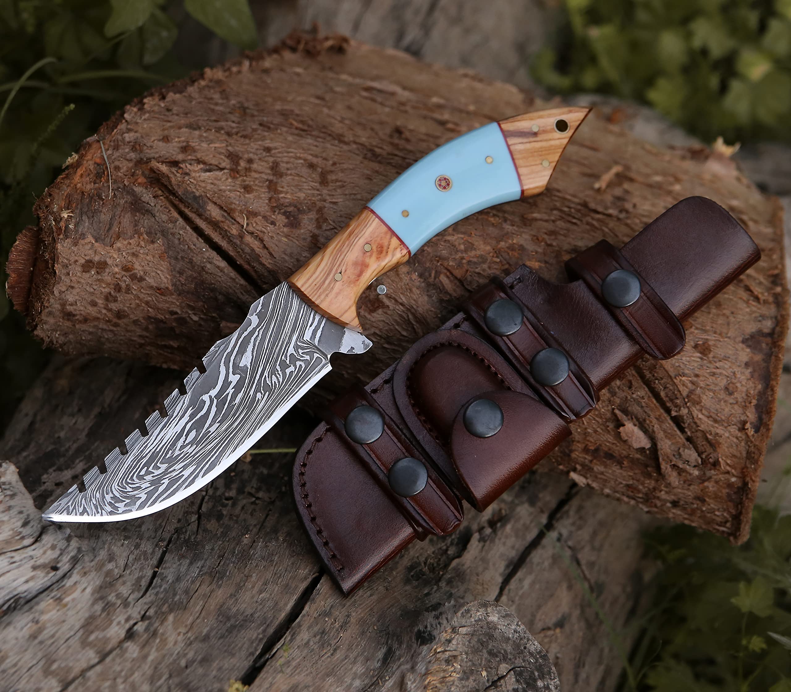 SHOKUNIN USA SavageTr Damascus Knives Custom Handmade Hunting Knife- Best Damascus Steel Blade Skinning Knife- Fixed Blade Hunting Knife With Sheath Belt Loop