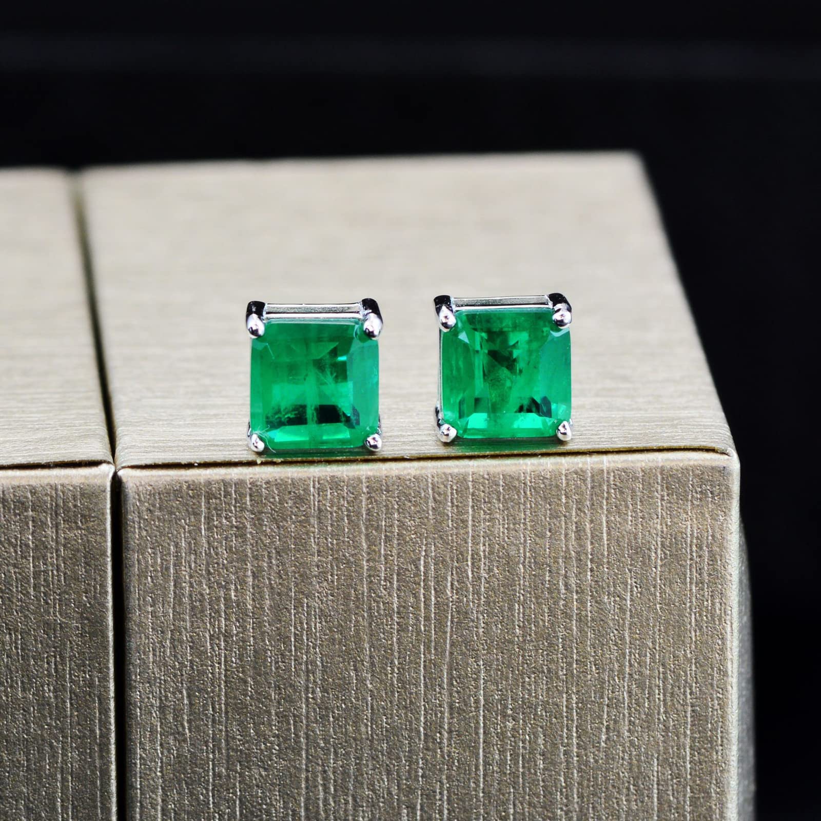 Sterling Silver Emerald Earrings, 4 Carat/Pair (7mm) Lab-Created Square Emerald Stud Earrings for Women Hypoallergenic Jewelry for Her Birthday Christmas Mothers Day Gifts