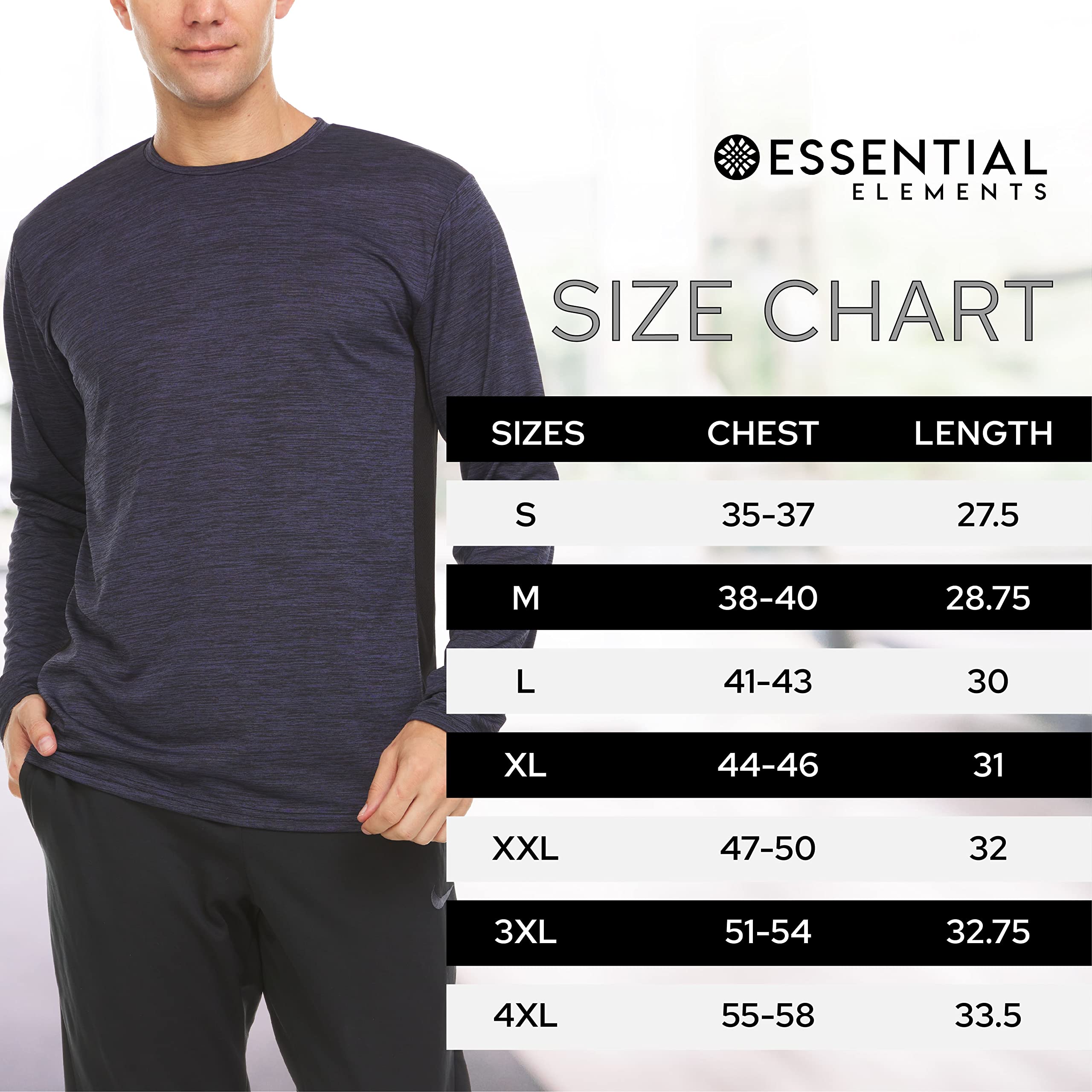 Essential Elements Mens Active T-Shirt - Quick-Dry Athletic Workout Training Crew Neck Long Sleeve Top 5 Pack