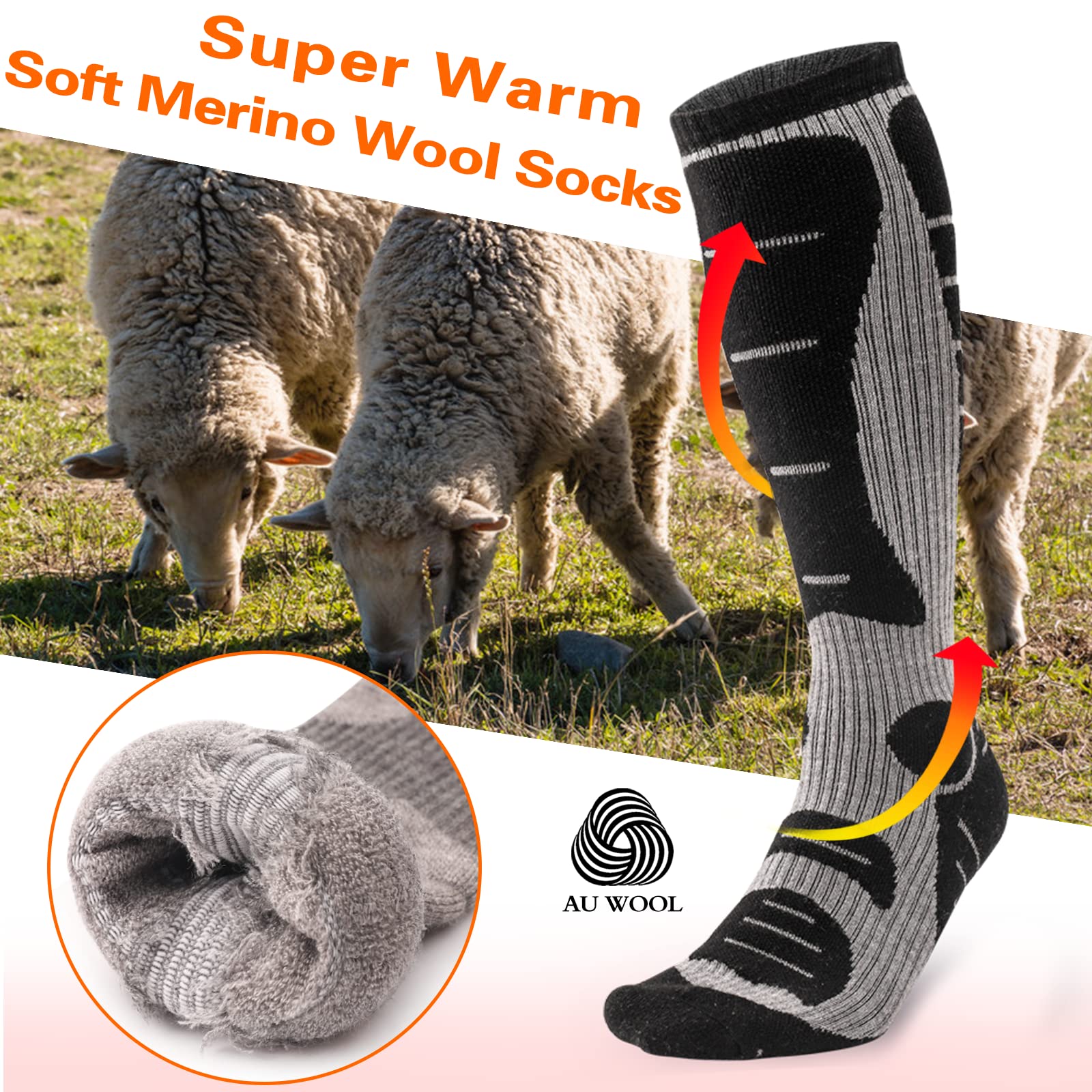 NOVAYARD Merino Wool Ski Socks 2 Pairs Mens Womens Over the Calf Thermal Socks for Snowboarding Hiking Skiing (2*Black)