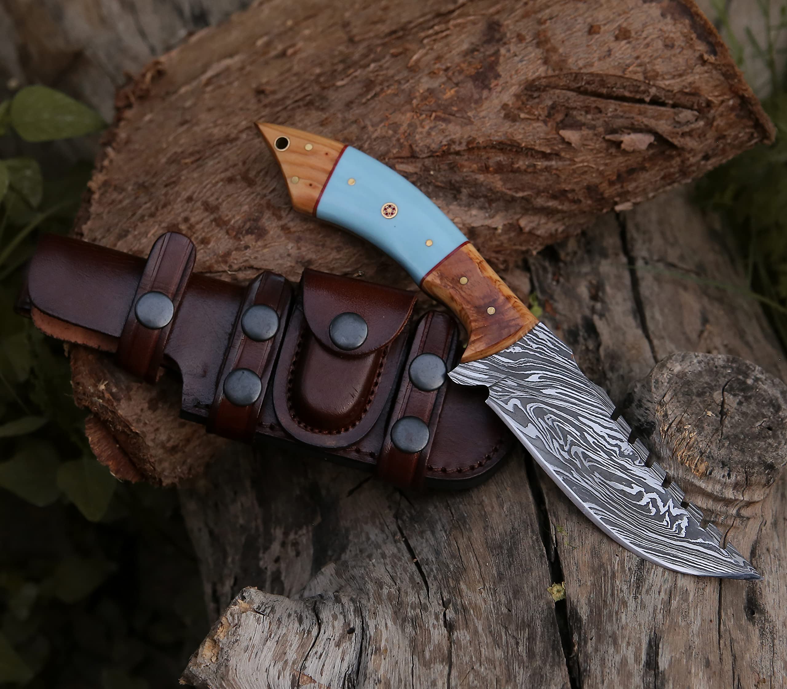 SHOKUNIN USA SavageTr Damascus Knives Custom Handmade Hunting Knife- Best Damascus Steel Blade Skinning Knife- Fixed Blade Hunting Knife With Sheath Belt Loop