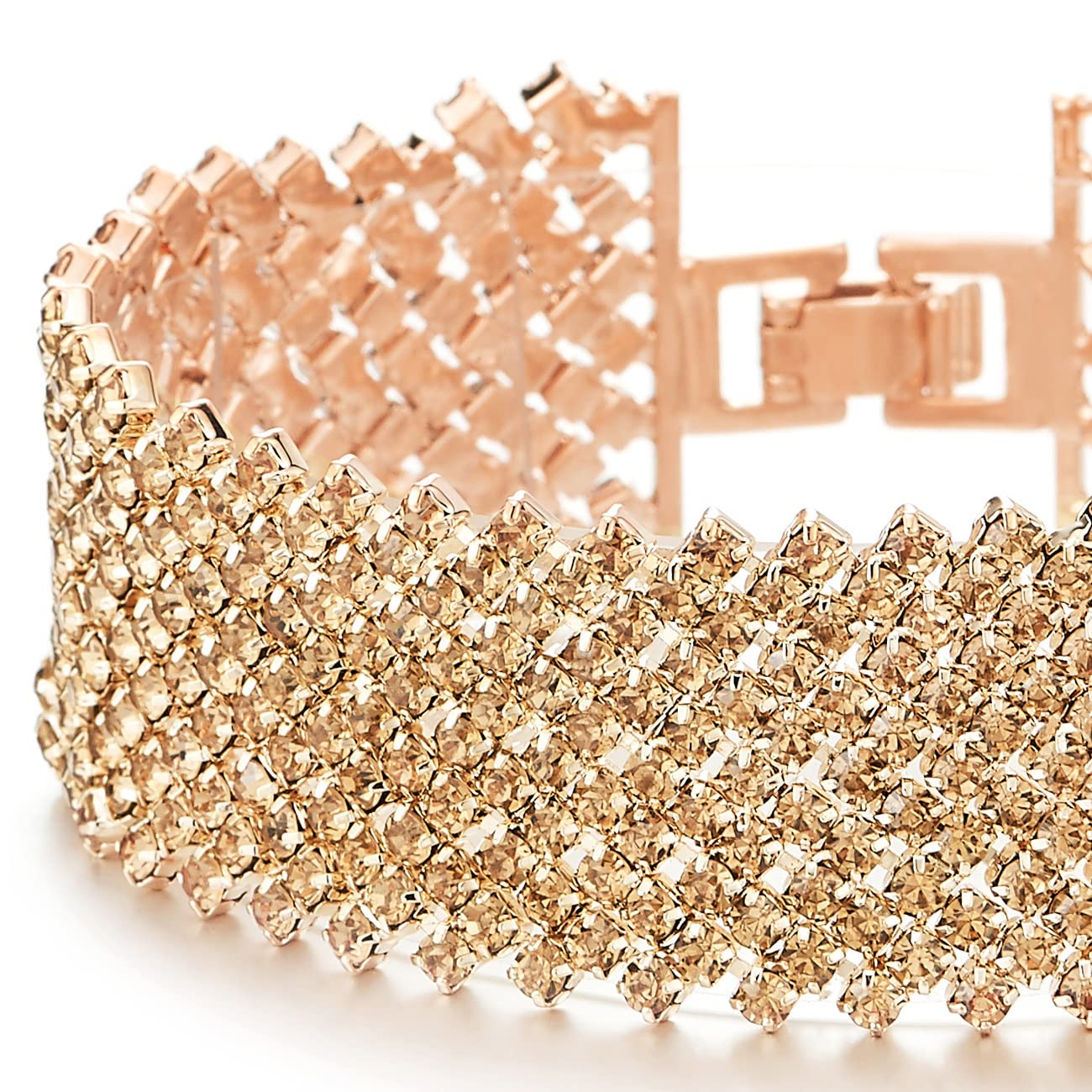 COOLSTEELANDBEYOND Sparkling Womens Champagne Gold Rhinestones Pave Cluster Wide Rose gold Bangle Bracelet, Bling Bling