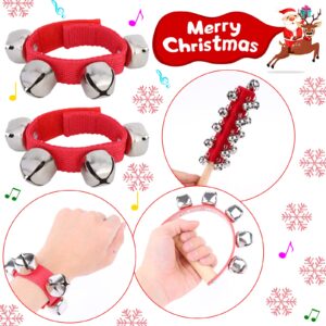 9 Pieces Christmas Handle Jingle Bells Wooden Hand Sleigh Bells Wrist Band Jingle Bells Shaker Bells with Wooden Grip for Kids Music Enlightenment Instruments