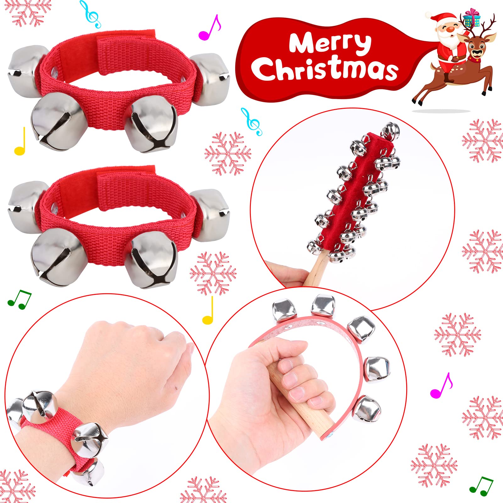 9 Pieces Christmas Handle Jingle Bells Wooden Hand Sleigh Bells Wrist Band Jingle Bells Shaker Bells with Wooden Grip for Kids Music Enlightenment Instruments