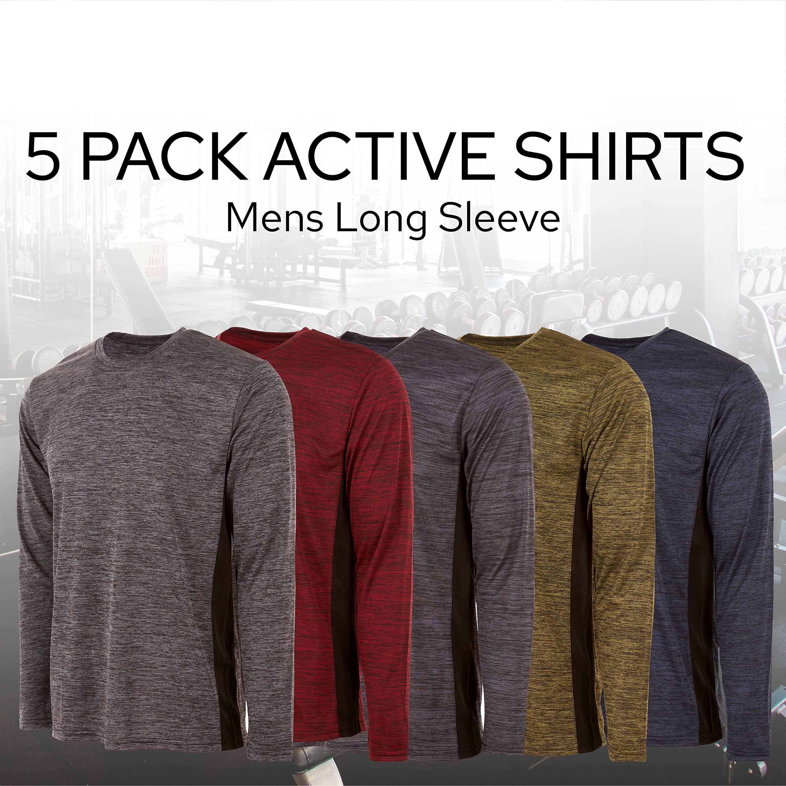 Essential Elements Mens Active T-Shirt - Quick-Dry Athletic Workout Training Crew Neck Long Sleeve Top 5 Pack