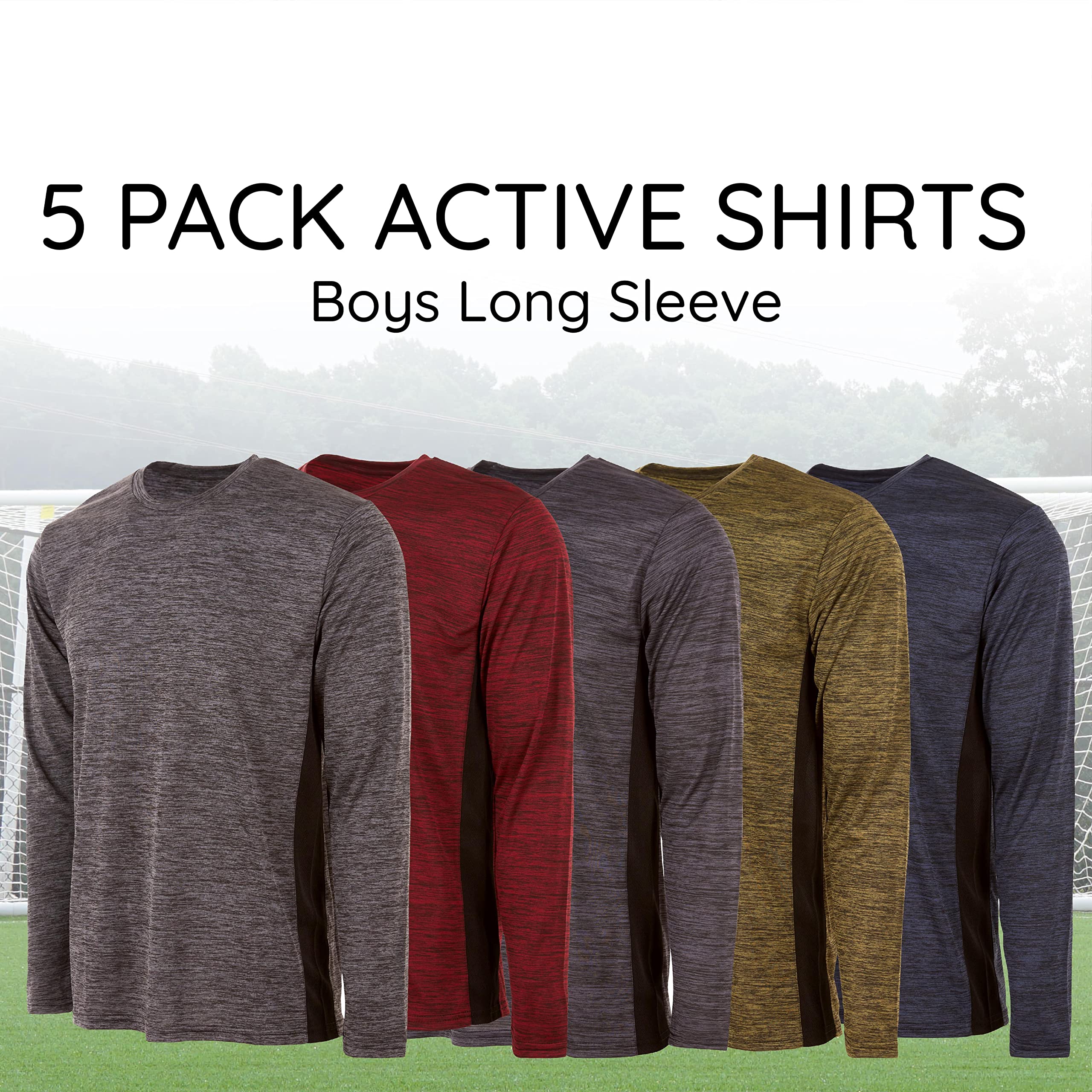 Essential Elements Boys Active Shirt - Quick-Dry Athletic Workout Training Stretch Crew Neck Long Sleeve Top 5 Pack