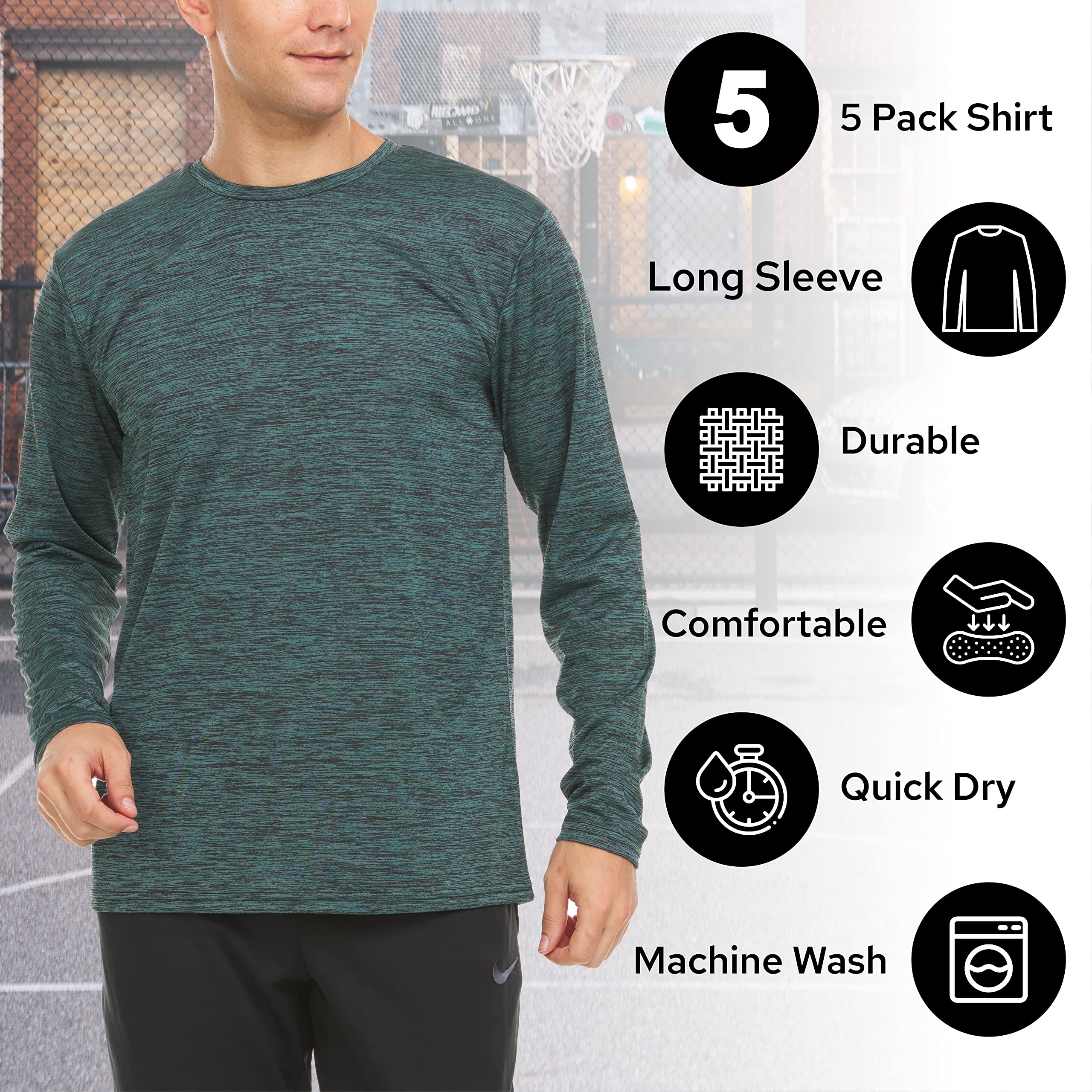 Essential Elements Mens Active T-Shirt - Quick-Dry Athletic Workout Training Crew Neck Long Sleeve Top 5 Pack