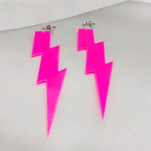 80s Neon Earrings Acrylic Exaggerated Women Lightning Bolt Clip on Earrings Non Pierced Earrings Halloween Jewelry 80's Party (rose red)