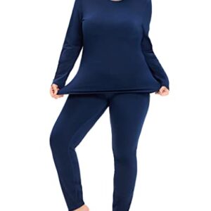 COOTRY Plus Size Thermal Underwear for Women Long Johns Fleece Lined Base Layer Top and Bottom Sets Set - Navy 2XL