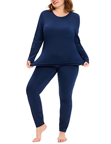 COOTRY Plus Size Thermal Underwear for Women Long Johns Fleece Lined Base Layer Top and Bottom Sets Set - Navy 2XL