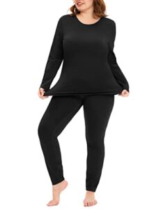 cootry plus size thermal underwear for women long johns fleece lined base layer top and bottom sets set - black 3xl