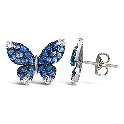 LE VIAN 1 2/5 Carat White and Blue Sapphire Butterfly Stud Earrings for Women in 14k White Gold Studs with Push Back