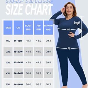 COOTRY Plus Size Thermal Underwear for Women Long Johns Fleece Lined Base Layer Top and Bottom Sets Set - Navy 2XL