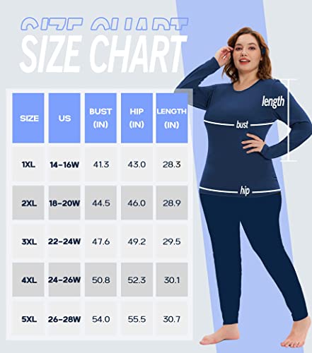 COOTRY Plus Size Thermal Underwear for Women Long Johns Fleece Lined Base Layer Top and Bottom Sets Set - Navy 2XL