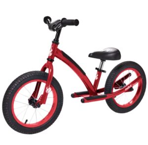 mobo explorer x padded balance bike. kids no-pedal bicycle, 14” wheels, red