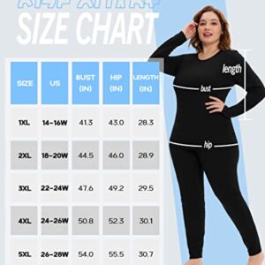 COOTRY Plus Size Thermal Underwear for Women Long Johns Fleece Lined Base Layer Top and Bottom Sets Set - Black 3XL