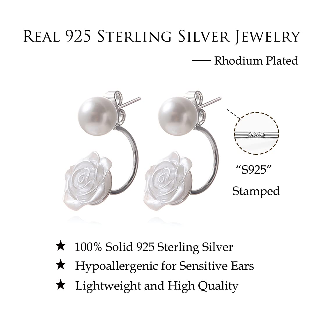 Reffeer Solid 925 Sterling Silver Pearl Jacket Cuff Earrings Wraps for Women Pearl Front Back Stud Earrings