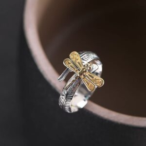 OIDIMS Dragonfly Adjustable Ring Cute Animal Sterling Silver 925 Plated Fashion Feather Stackable Open Vintage Retro Dragonflies Jewelry Gifts for Women Men Stacking Finger Rings Xmas Birthday