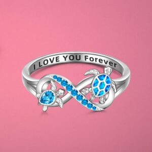 Sea Turtle Ring Blue Opal 925 Turtle Rings for Women Sterling Silver Infinity Cute Ocean Tortoise Jewelry I Love You Forever BFF Mother Day Christmas Gifts Size 6