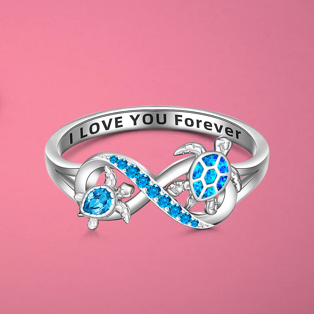 Sea Turtle Ring Blue Opal 925 Turtle Rings for Women Sterling Silver Infinity Cute Ocean Tortoise Jewelry I Love You Forever BFF Mother Day Christmas Gifts Size 6