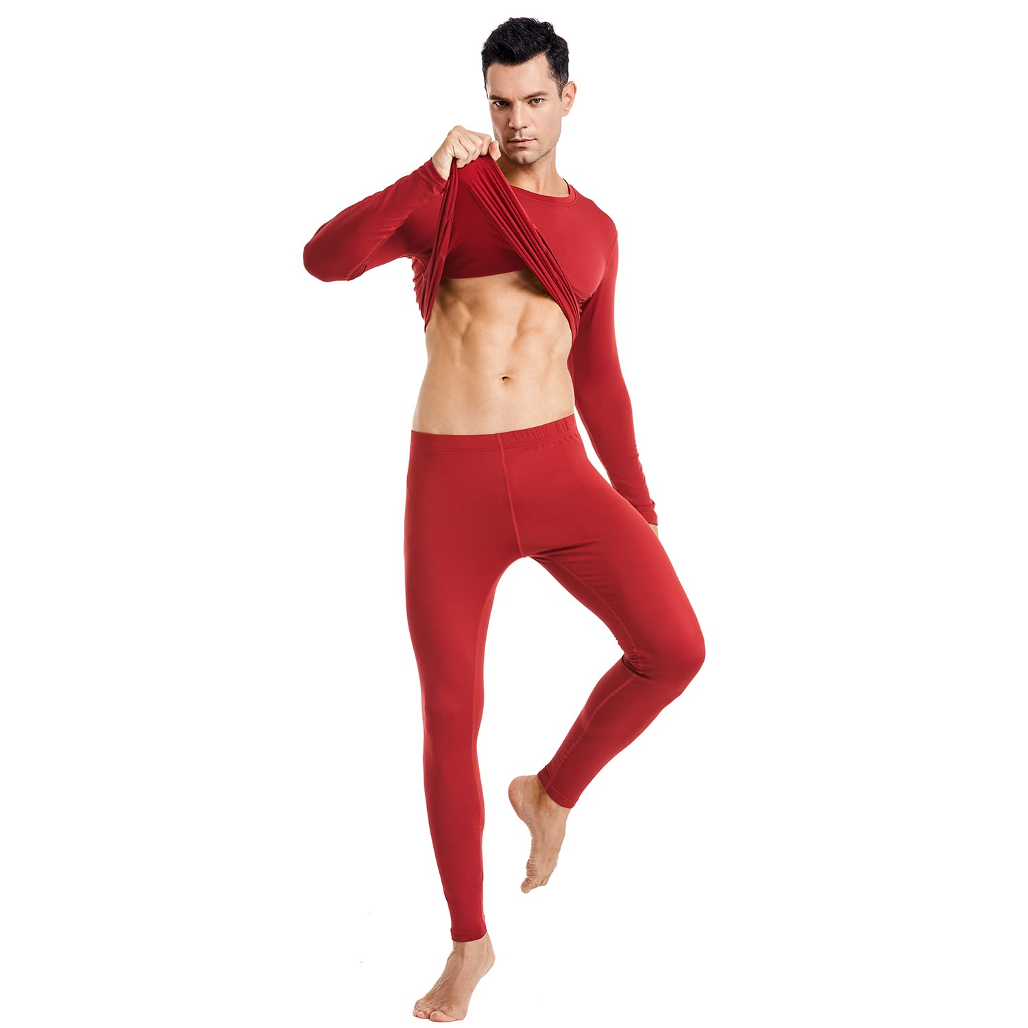 PISIQI Thermal Underwear Men Ultra-Soft Long Johns Set with Fleece Lined Base Layer Winter Skiing Warm Top & Bottom Red