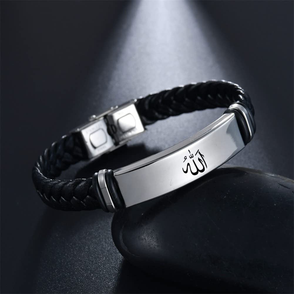 ForeverWill Islamic Allah Leather Bracelet, Religious Islam Name of God Amulet Bangle for Muslim Arab Protection Gifts for Men Women, 8.26 Inch, Black (FW-136-Allah-B)