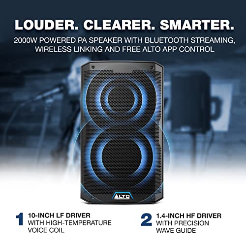 Alto Professional TS410 - 2000W 10" Powered PA Speaker with 3 Channel Mixer, Bluetooth Streaming, Wireless Loudspeaker linking, DSP and Alto App