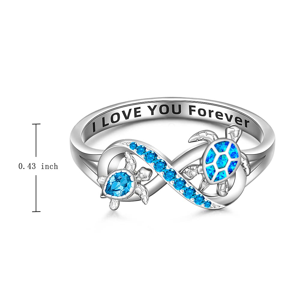 Sea Turtle Ring Blue Opal 925 Turtle Rings for Women Sterling Silver Infinity Cute Ocean Tortoise Jewelry I Love You Forever BFF Mother Day Christmas Gifts Size 6