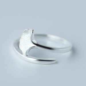 925 Sterling Silver Ginkgo Leaf Open Ring, Women'S Adjustable Ring Silver