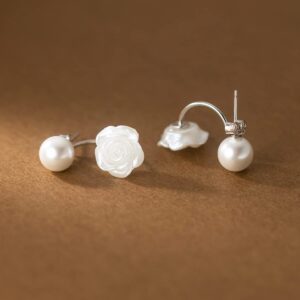 Reffeer Solid 925 Sterling Silver Pearl Jacket Cuff Earrings Wraps for Women Pearl Front Back Stud Earrings