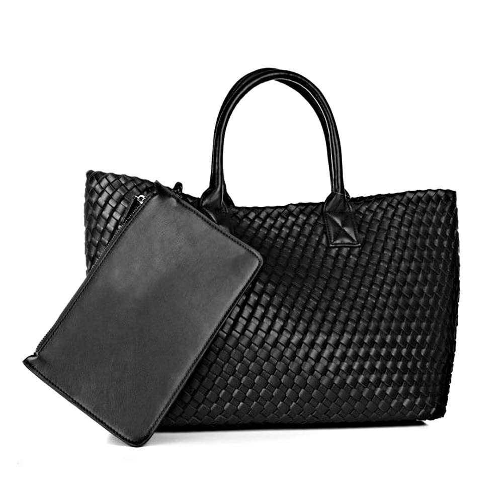 Women Vegan Leather Hand-Woven Tote Handbag Fashion Shoulder Shopper Bag Top-Handle Large Capacity Underarm Bag With Purse