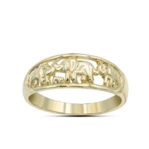 dainty 10k yellow gold three elephant ring openwork band style statement ring (size 7)