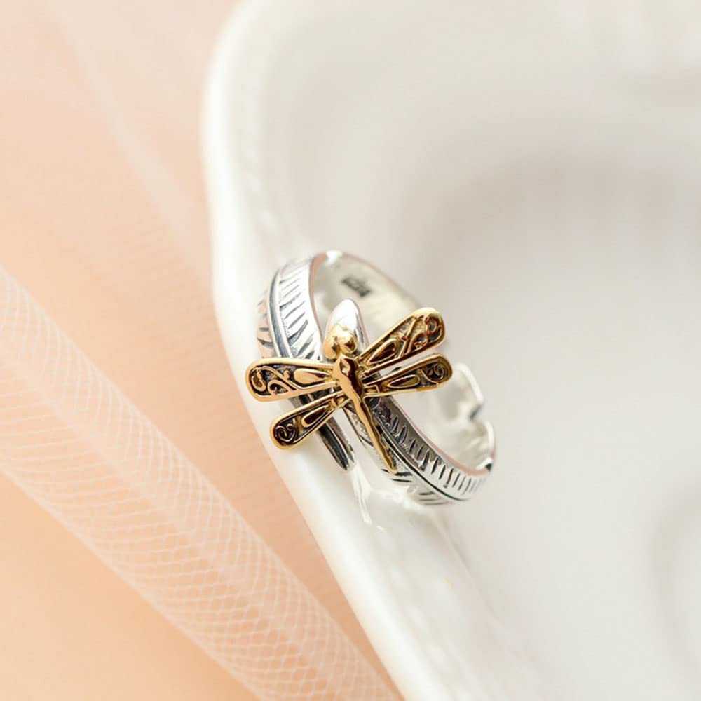 OIDIMS Dragonfly Adjustable Ring Cute Animal Sterling Silver 925 Plated Fashion Feather Stackable Open Vintage Retro Dragonflies Jewelry Gifts for Women Men Stacking Finger Rings Xmas Birthday