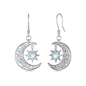 SEIYANG Sun and Moon Earrings with Moonstone, 925 Sterling Silver Filigree Crescent Moon Dangle Drop Earrings for Women Drop Earrings Hypoallergenic Earrings Filigree Jewelry Gifts for Women