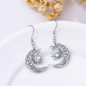 SEIYANG Sun and Moon Earrings with Moonstone, 925 Sterling Silver Filigree Crescent Moon Dangle Drop Earrings for Women Drop Earrings Hypoallergenic Earrings Filigree Jewelry Gifts for Women