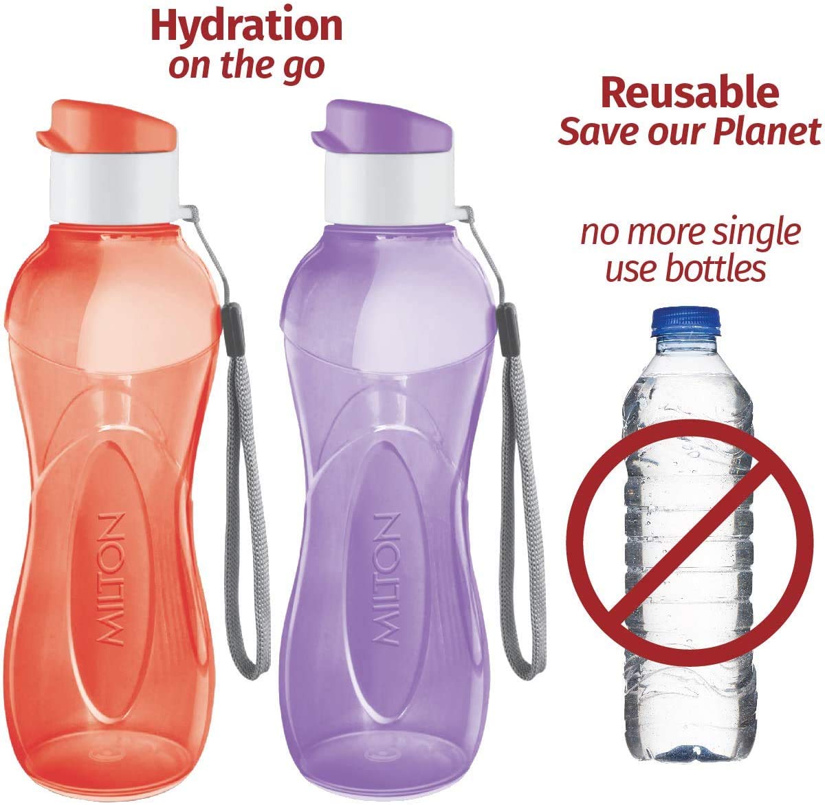 MILTON Water Bottle Kids Reusable Leakproof 12 Oz Plastic Wide Mouth Large Big Drink Bottle BPA & Leak Free with Handle Strap Carrier for Cycling Camping Hiking Gym Yoga (108 pack, 18 of each color)