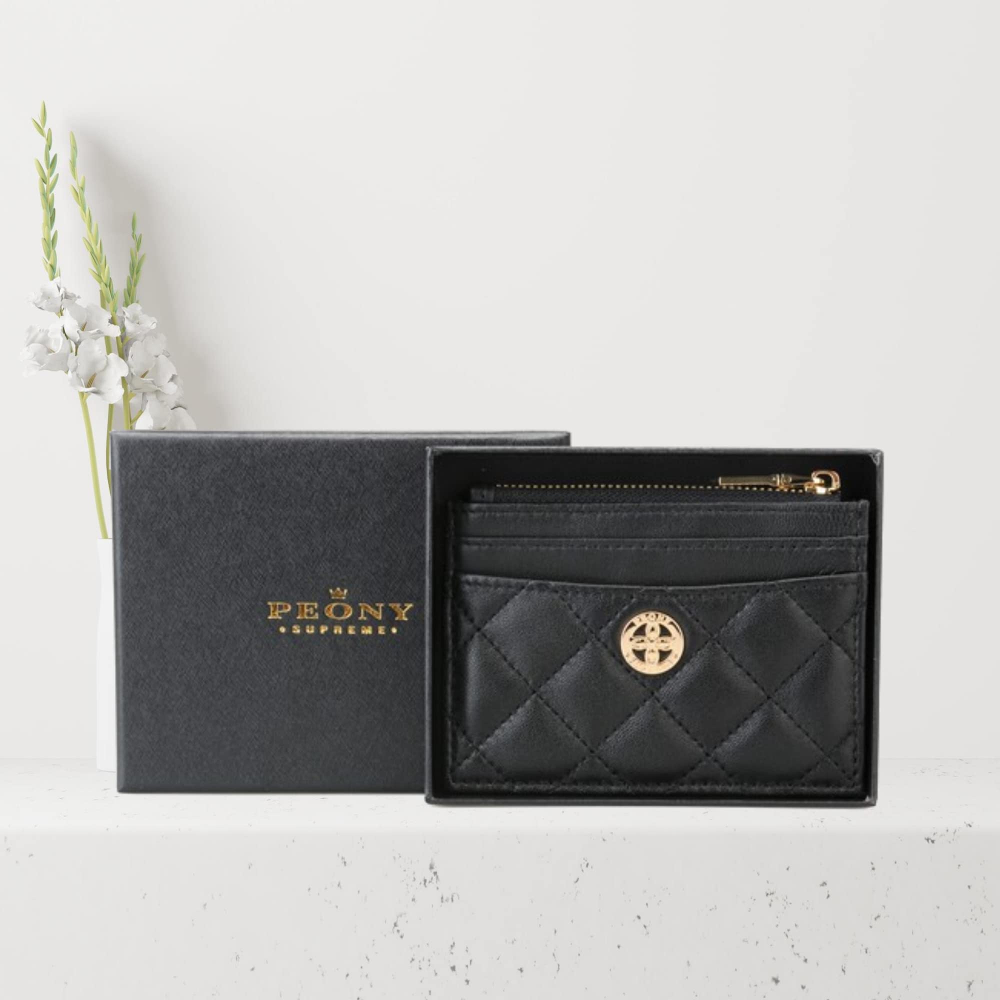 PEONY SUPREME Luxury Black Quilted Leather Card Case with Snap Hook and Key Ring Holder Credit Small Wallet Compact Business Money Organizer Gift for Women Girl