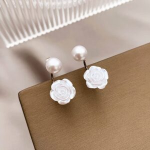 Reffeer Solid 925 Sterling Silver Pearl Jacket Cuff Earrings Wraps for Women Pearl Front Back Stud Earrings