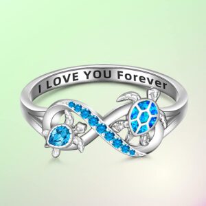 Sea Turtle Ring Blue Opal 925 Turtle Rings for Women Sterling Silver Infinity Cute Ocean Tortoise Jewelry I Love You Forever BFF Mother Day Christmas Gifts Size 6