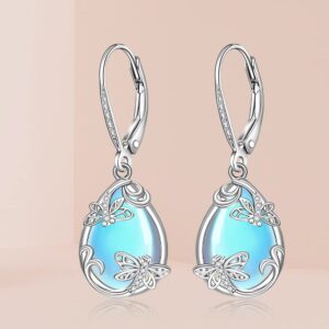 Dragonfly Moonstone Earrings for Women Filigree Earrings Teardrop Lever Back S925 Sterling Silver Moonstone Jewelry