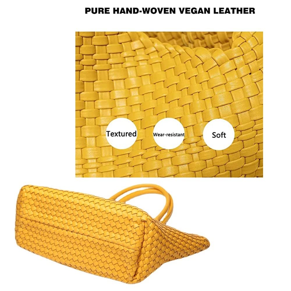 Women Vegan Leather Hand-Woven Tote Handbag Fashion Shoulder Shopper Bag Top-Handle Large Capacity Underarm Bag With Purse