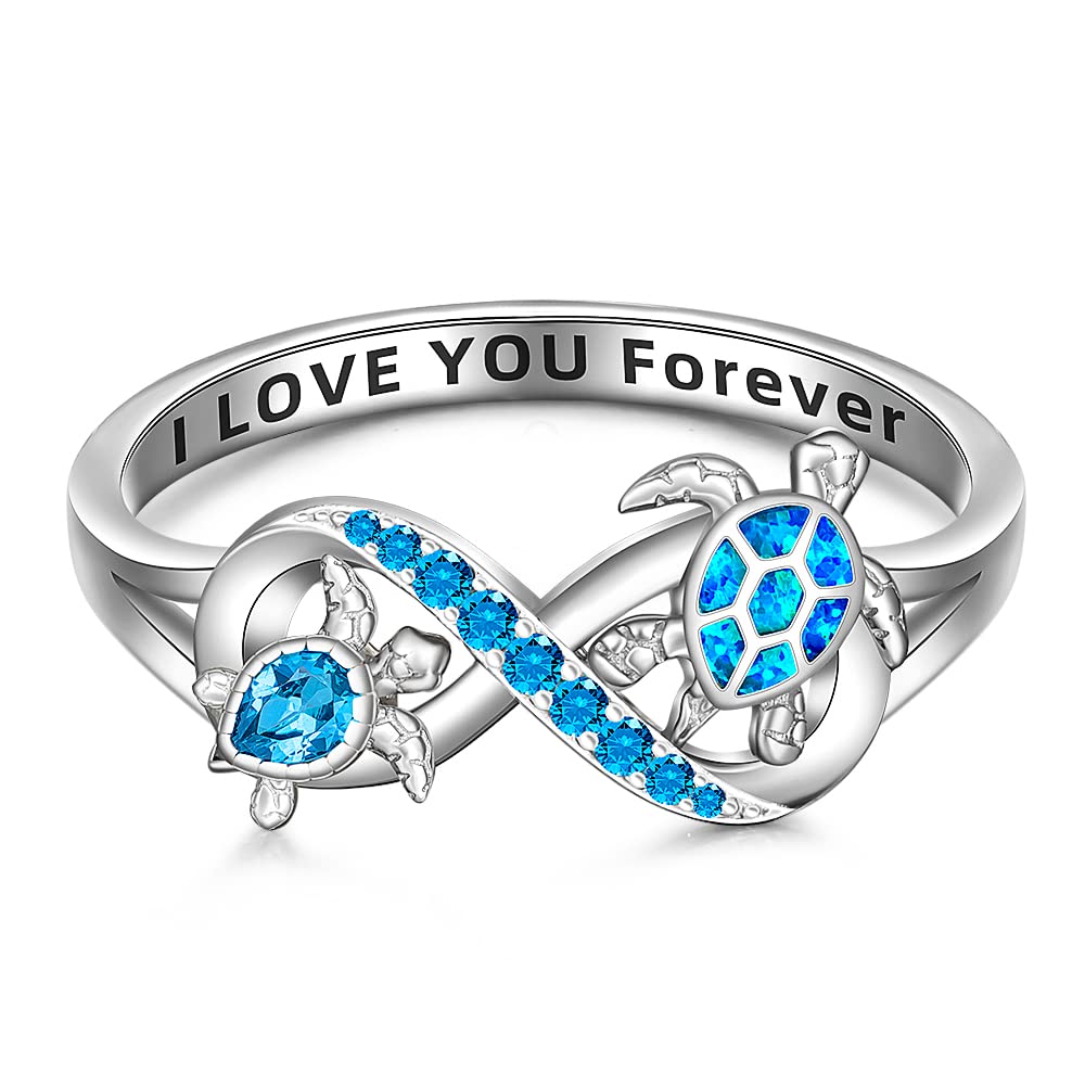 Sea Turtle Ring Blue Opal 925 Turtle Rings for Women Sterling Silver Infinity Cute Ocean Tortoise Jewelry I Love You Forever BFF Mother Day Christmas Gifts Size 6