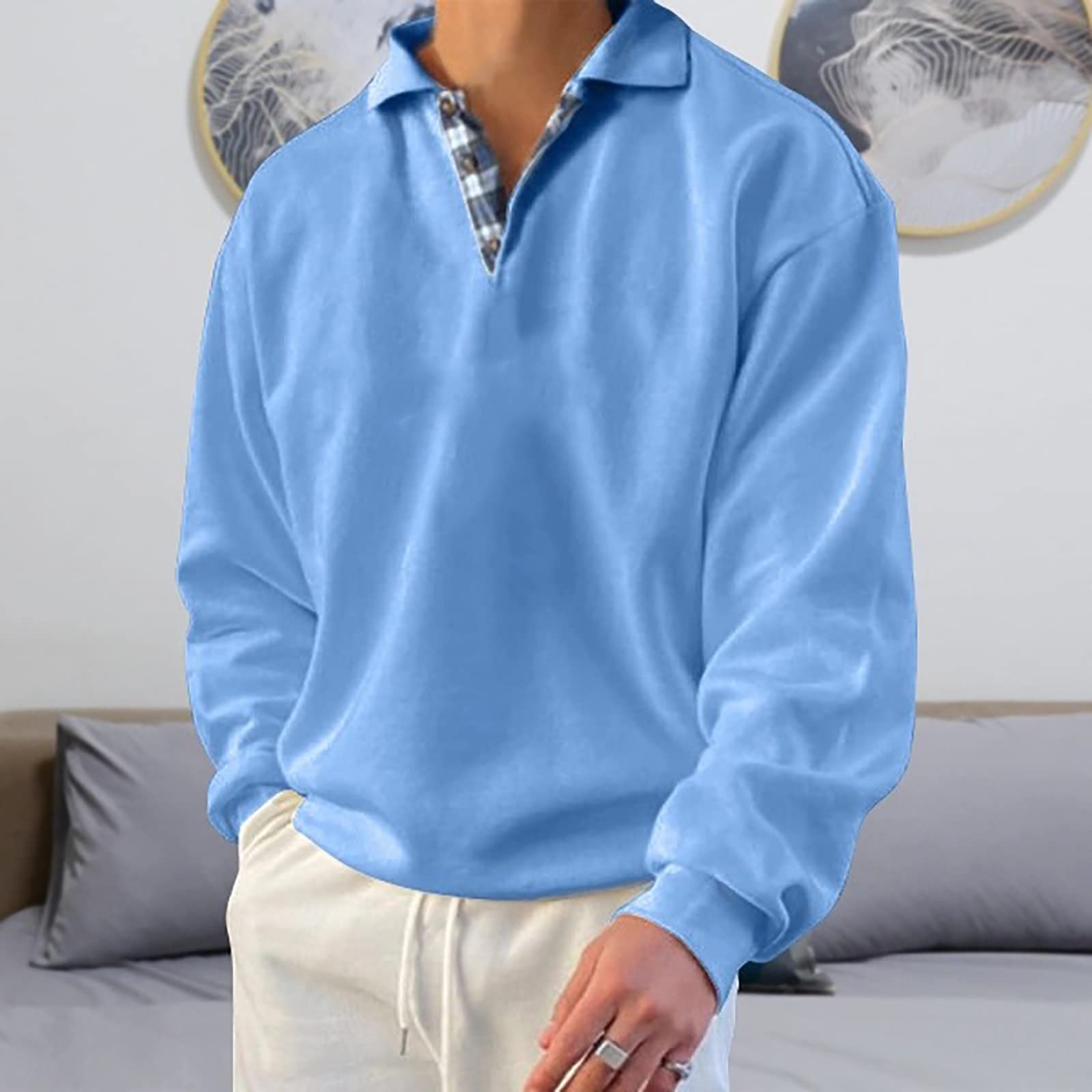 Opomelo Men's Long Sleeve Pullover Polo Shirts-Casual Loose Fit Sweatshirts V Neck Tops Blue