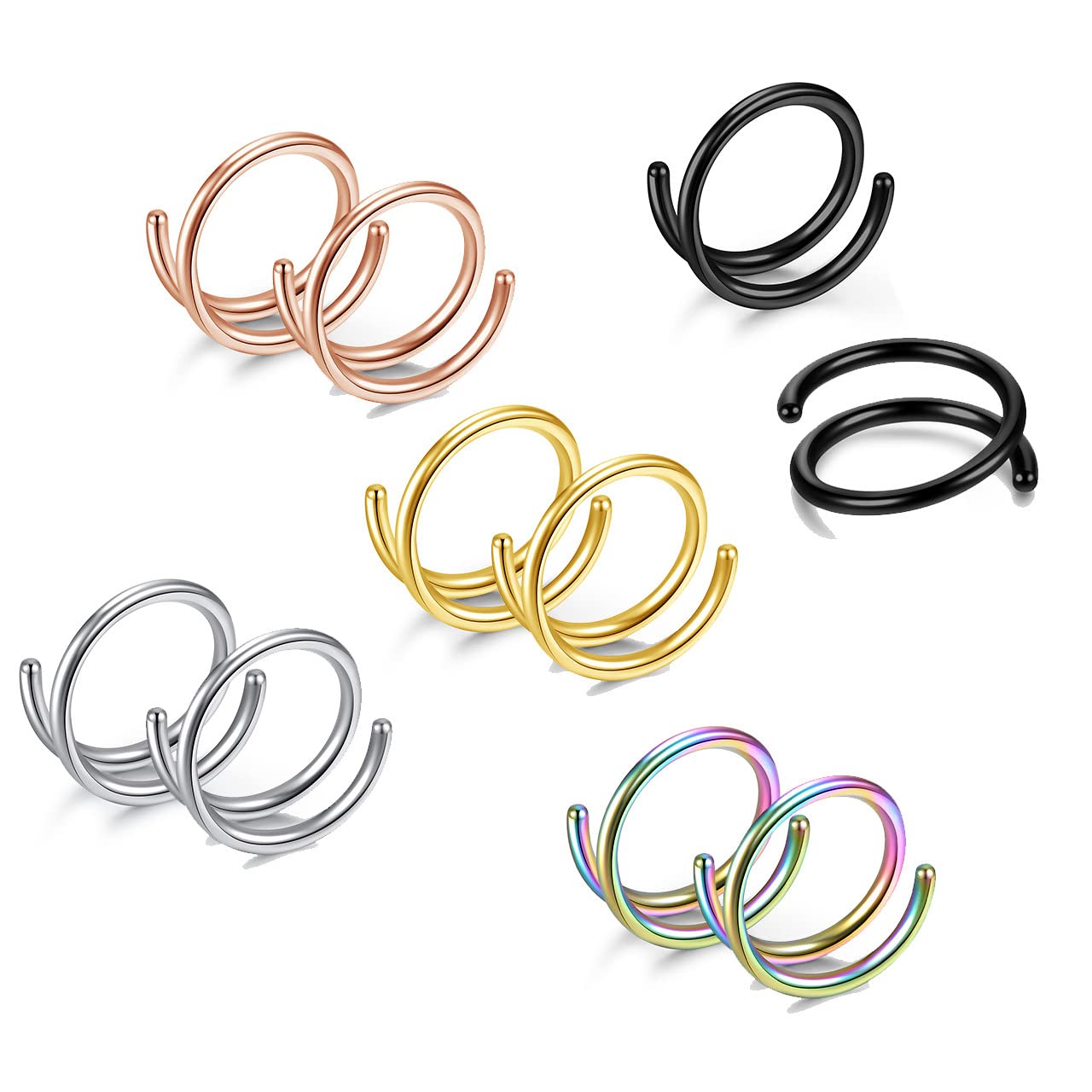 BOPREINA 10pcs 20G Double Nose Rings Hoop for Single Piercing Nose Hoop Stainless Steel Double Hoops Twist Spiral Nose Ring Nostril Piercing Jewellery for Women Men 6-10mm