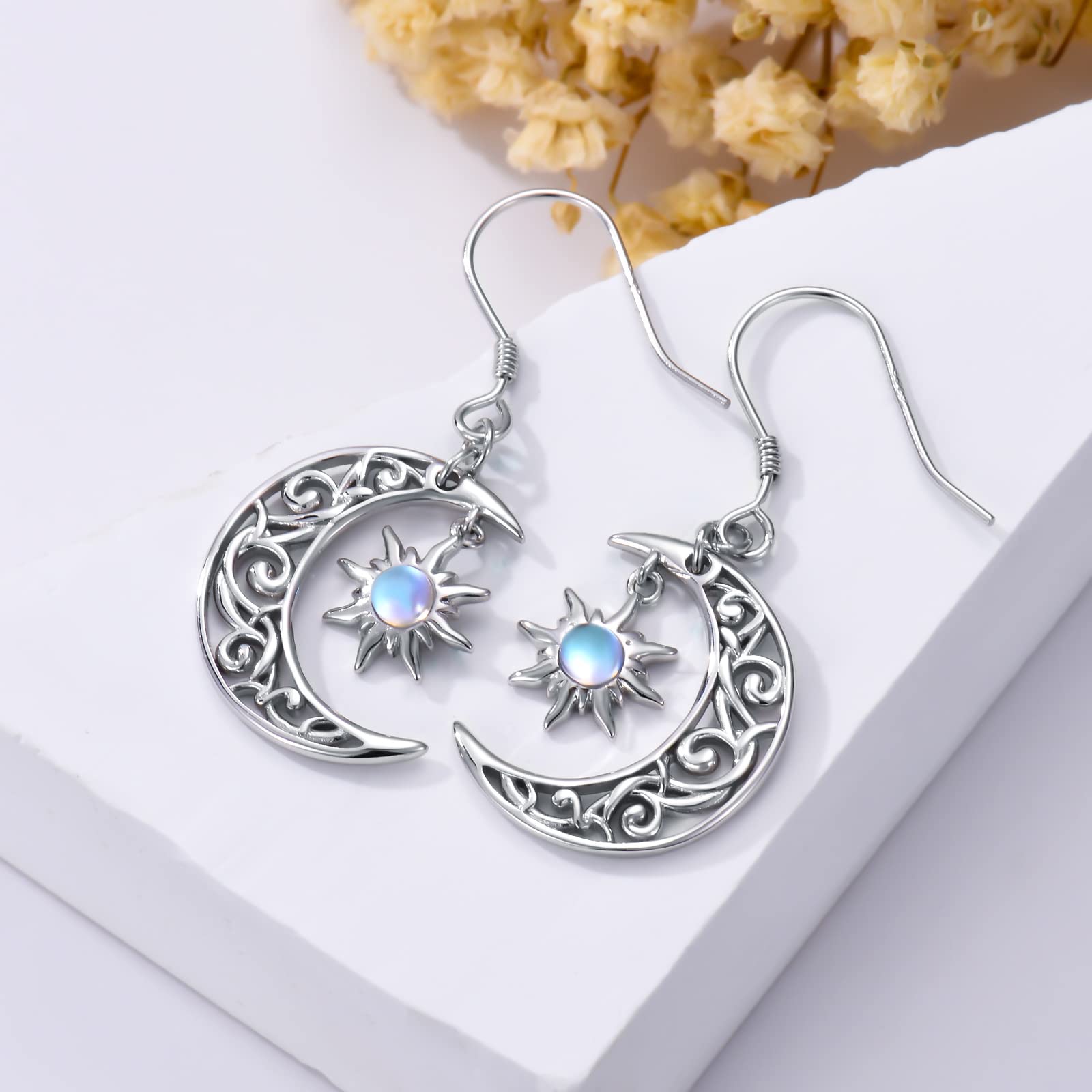 SEIYANG Sun and Moon Earrings with Moonstone, 925 Sterling Silver Filigree Crescent Moon Dangle Drop Earrings for Women Drop Earrings Hypoallergenic Earrings Filigree Jewelry Gifts for Women