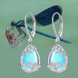 Dragonfly Moonstone Earrings for Women Filigree Earrings Teardrop Lever Back S925 Sterling Silver Moonstone Jewelry