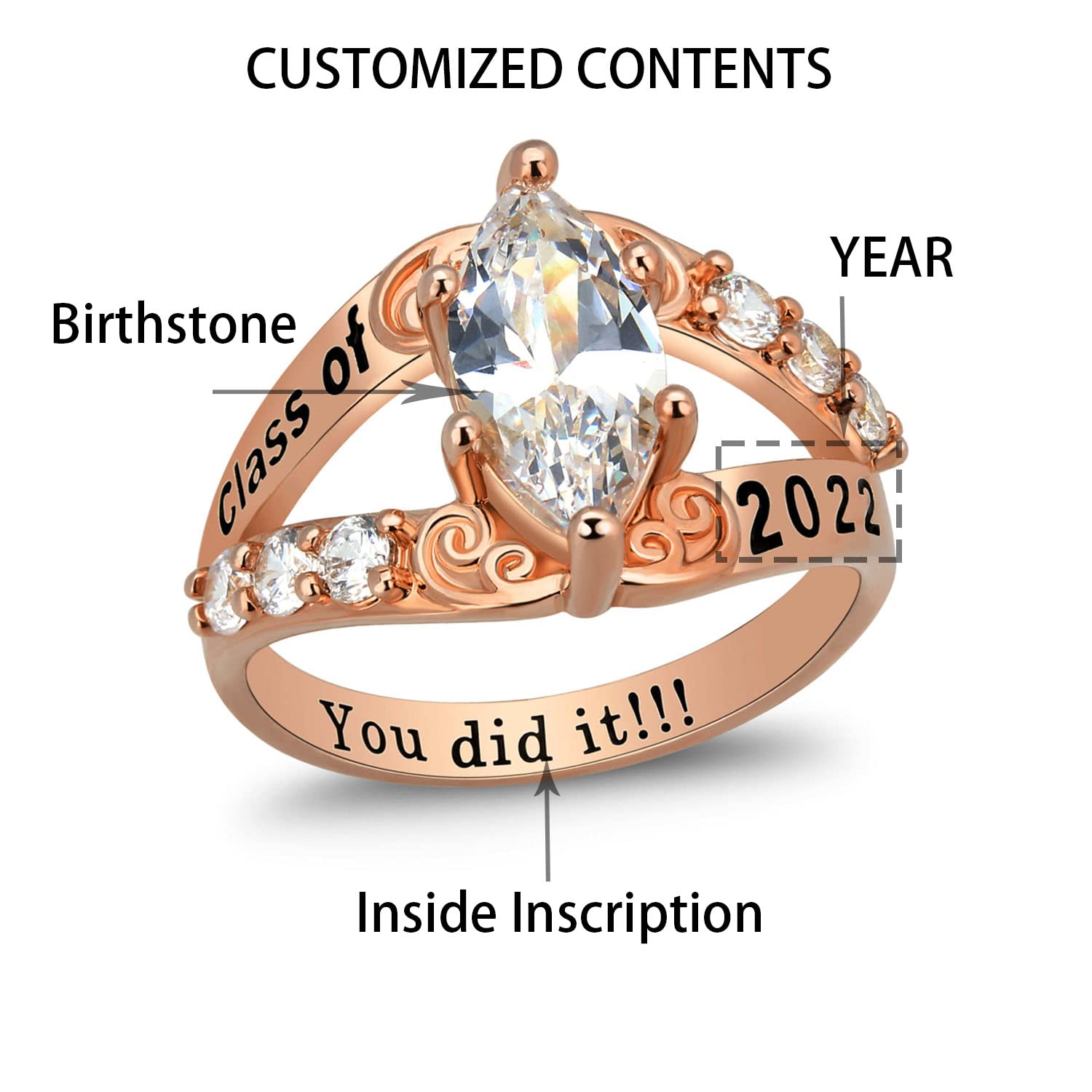 Ccjcinata Customized Birthstone cz rings Sterling Silver High School class rings for girls College Class Ring for women graduation gifts (Sterling Silver - Rose Gold Plated)