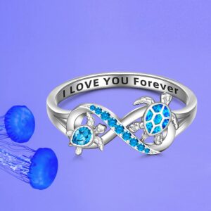 Sea Turtle Ring Blue Opal 925 Turtle Rings for Women Sterling Silver Infinity Cute Ocean Tortoise Jewelry I Love You Forever BFF Mother Day Christmas Gifts Size 6